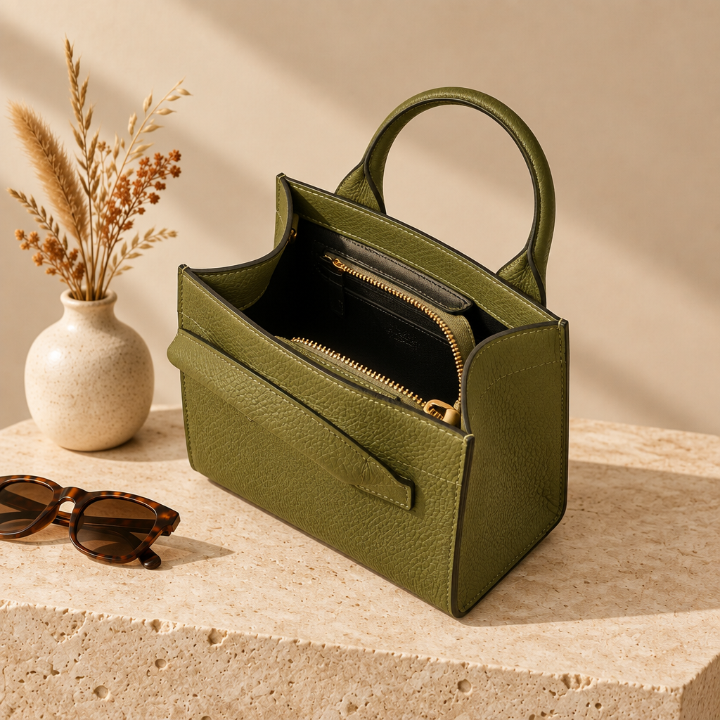 Italian Handmade Leather Mini Structured Tote in Olive Green, open to show the black lining and inner zip pocket | MERLEORA