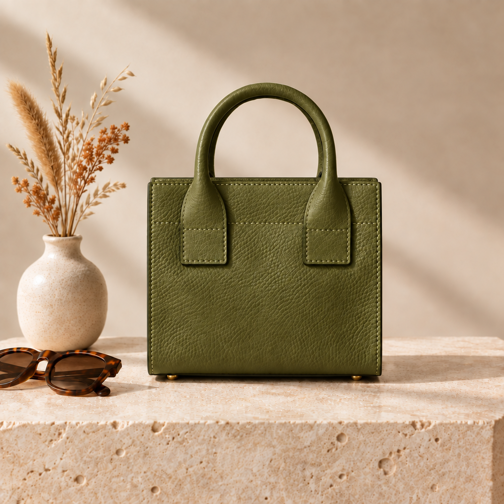 Italian Handmade Leather Mini Structured Tote in Olive Green with gold-tone hardware, styled on a stone plinth | MERLEORA