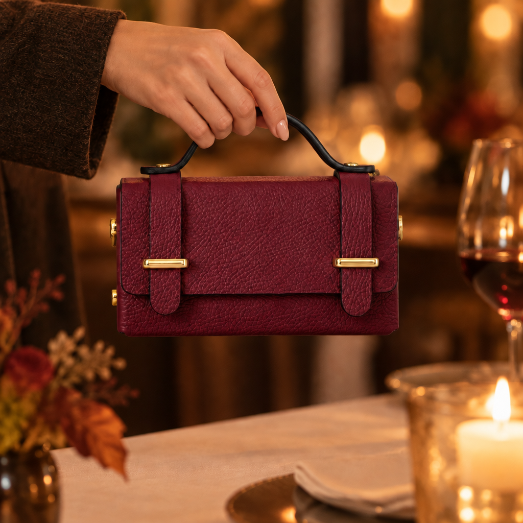 Italian Genuine Leather Mini Box Bag in Red Plum with gold-tone hardware, carried by the top handle | MERLEORA
