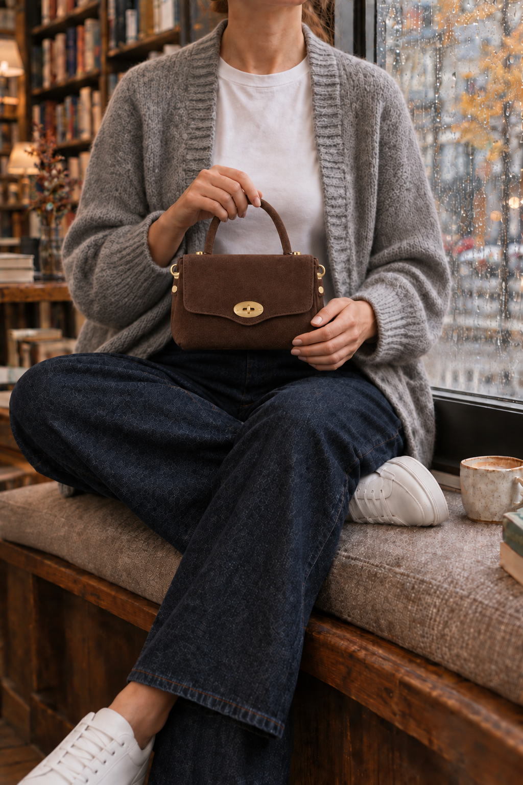 Italian Handmade Premium Suede Mini Top Handle Bag with gold-tone hardware, held on the lap | MERLEORA