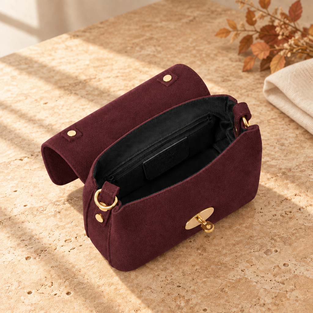Italian Handmade Premium Suede Mini Top Handle Bag in Red Plum, open to show the black lining and inner zip pocket | MERLEORA