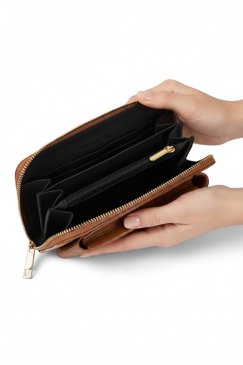 Red Crossbody Phone Bag – Interior Open with Hands – MERLEORA