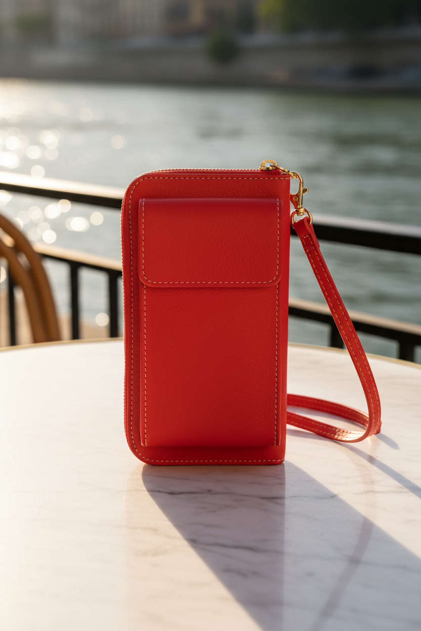 Red Crossbody Phone Bag – Riverside Café Lifestyle Shot – MERLEORA