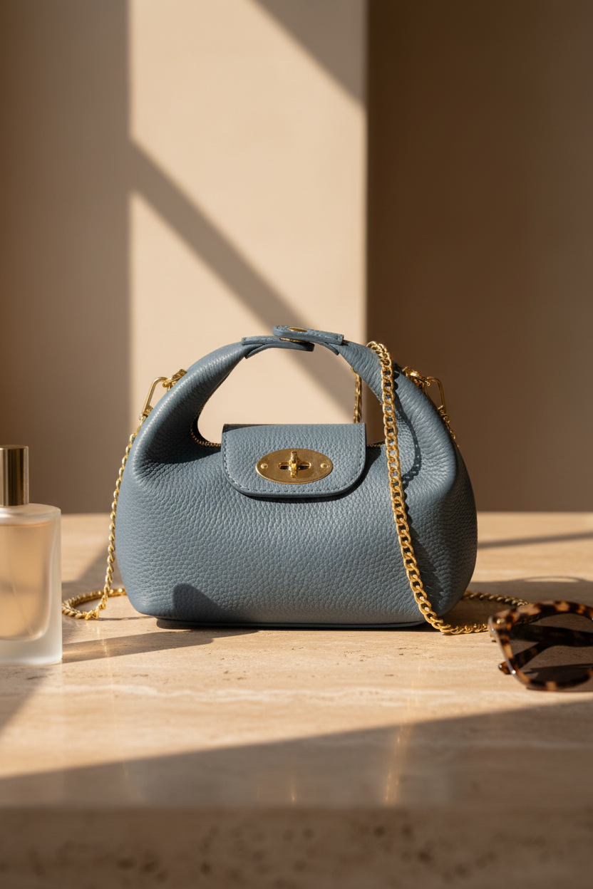 Italian Leather Convertible Mini Bag with Chain Strap styled on stone surface – MERLEORA