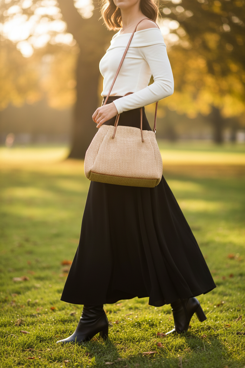 Woven Raffia Tote Bag in Tan/Camel worn over the shoulder — styled with a white top and black maxi skirt in a London park — MERLEORA
